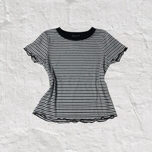 Y2K Xtraordinary Top Women Sz L Black White Striped Ribbed Short Sleeve Tee